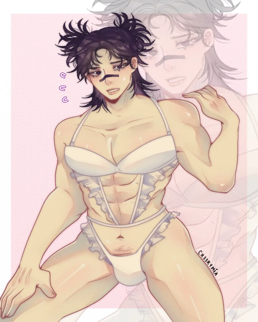 Image 1boy, male, muscular, muscular_male, crossdressing, male_only, artist_name, lingerie, lingerie_bra, lingerie_only, jujutsu_kaisen, masculine_crossdresser, choso_kamo, pretty_boy, ch33rymia