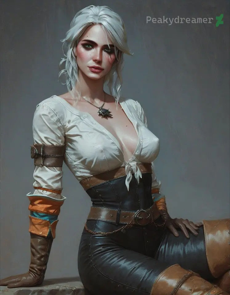 Image clothing,female,light-skinned_female,solo,white_hair,ai_generated,green_eyes,nipples_visible_through_clothing,scar,ciri,the_witcher_(series),the_witcher_3:_wild_hunt,peakydreamer