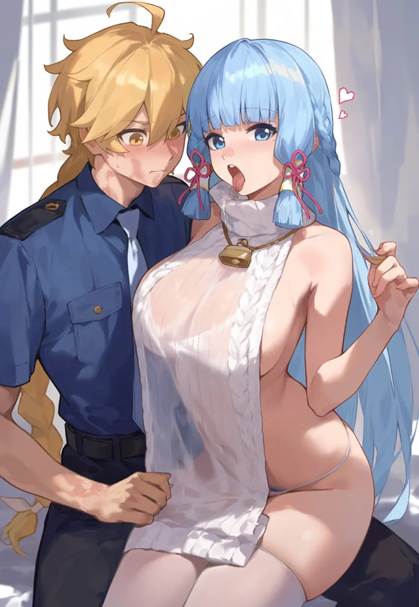 Image 1girls,big_breasts,breasts,female,long_hair,1boy,male,thick_thighs,ai_generated,fat_ass,genshin_impact,aether_(genshin_impact),alternate_costume,holding,mihoyo,horny_female,almost_naked,kamisato_ayaka,unknown_artist