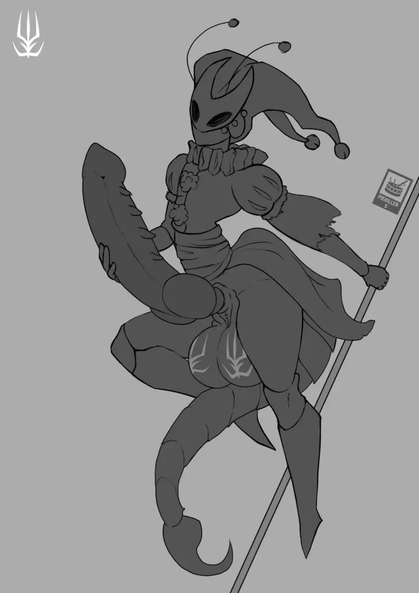 Image clothing,hi_res,simple_background,solo,male,penis,tail,big_penis,hat,headwear,artist_name,digital_media_(artwork),headgear,balls,huge_cock,monochrome,big_balls,genitals,holding_object,arthropod,hollow_knight,team_cherry,huge_balls,2024,grey_background,artist_logo,logo,animal_genitalia,knot,markings,mask,holding_penis,genital_markings,jester,fool's_hat,piekiller,piekiller5,midair,ball_markings