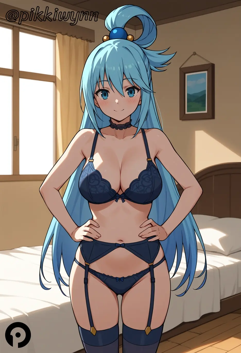 Image blush,bow,breasts,cowboy_shot,female,hair_ornament,large_breasts,long_hair,looking_at_viewer,smile,solo,very_long_hair,bangs,blue_eyes,blue_hair,navel,thighhighs,choker,bra,panties,underwear,thighs,ai_generated,bare_shoulders,cleavage,collarbone,lingerie,on_bed,bed,indoors,bow_panties,hair_between_eyes,underwear_only,bedroom,curtains,closed_mouth,black_choker,stomach,pillow,window,garter_belt,kono_subarashii_sekai_ni_shukufuku_wo!,garter_straps,hands_on_hips,blue_thighhighs,aqua_(konosuba),blue_panties,hair_rings,pikkiwynn,bow_bra,blue_bra,single_hair_ring