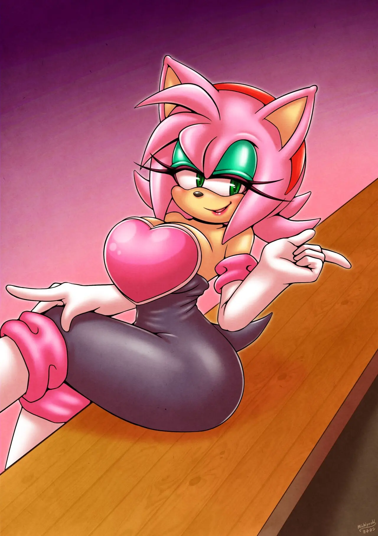 Image 1girls,breasts,female,female_only,smile,solo,female_focus,seductive_eyes,seductive_look,seductive_smile,pink_hair,curvy,high_heels,rubber_clothing,jpeg,5_fingers,bodysuit,amy_rose,sega,sonic_(series),sonic_the_hedgehog_(series),signature,long_gloves,rubber,spandex,spandex_suit,neckline,amy_the_bat,rouge_the_bat_(cosplay),michiyoshi