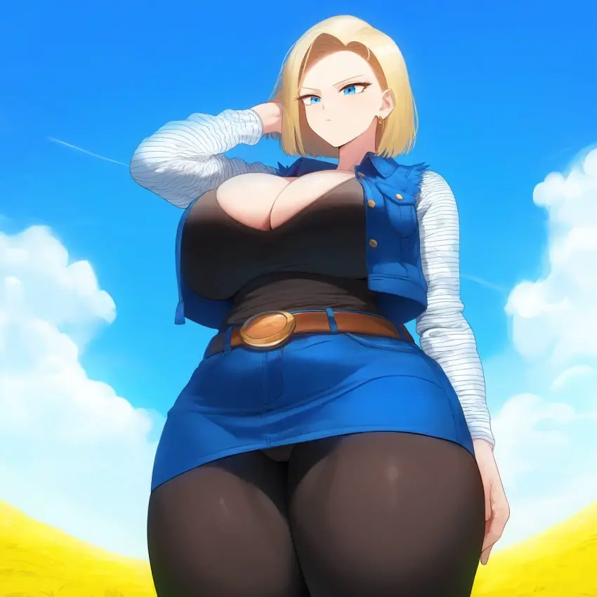 Image breasts,female,thick_thighs,wide_hips,ai_generated,huge_breasts,android_18,dragon_ball,dragon_ball_z,nai_diffusion,novelai,hand_in_hair