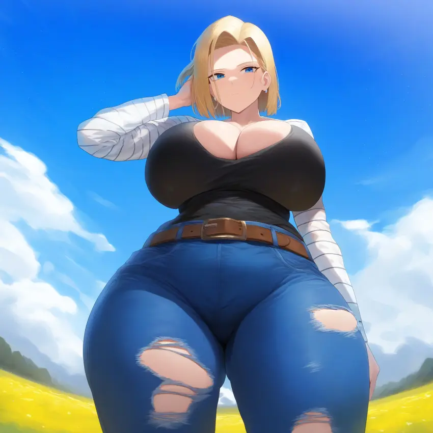 Image breasts,female,thick_thighs,wide_hips,ai_generated,cleavage,huge_breasts,android_18,dragon_ball,dragon_ball_z,nai_diffusion,torn_clothes,jeans,novelai,hand_in_hair