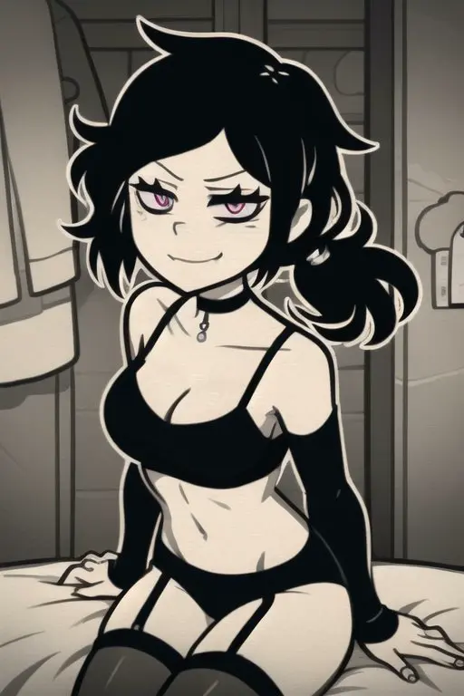 Image breasts,female,large_breasts,looking_at_viewer,solo,black_hair,heart-shaped_pupils,thighhighs,choker,bra,panties,underwear,thick_thighs,ponytail,smiling,ai_generated,cleavage,collarbone,hair,sitting,tied_hair,stockings,purple_eyes,smug,white_body,legs_together,half-dressed,naughty_face,ashley_graves,the_coffin_of_andy_and_leyley,garter_straps,smug_face,arm_warmers,goddess_azazel