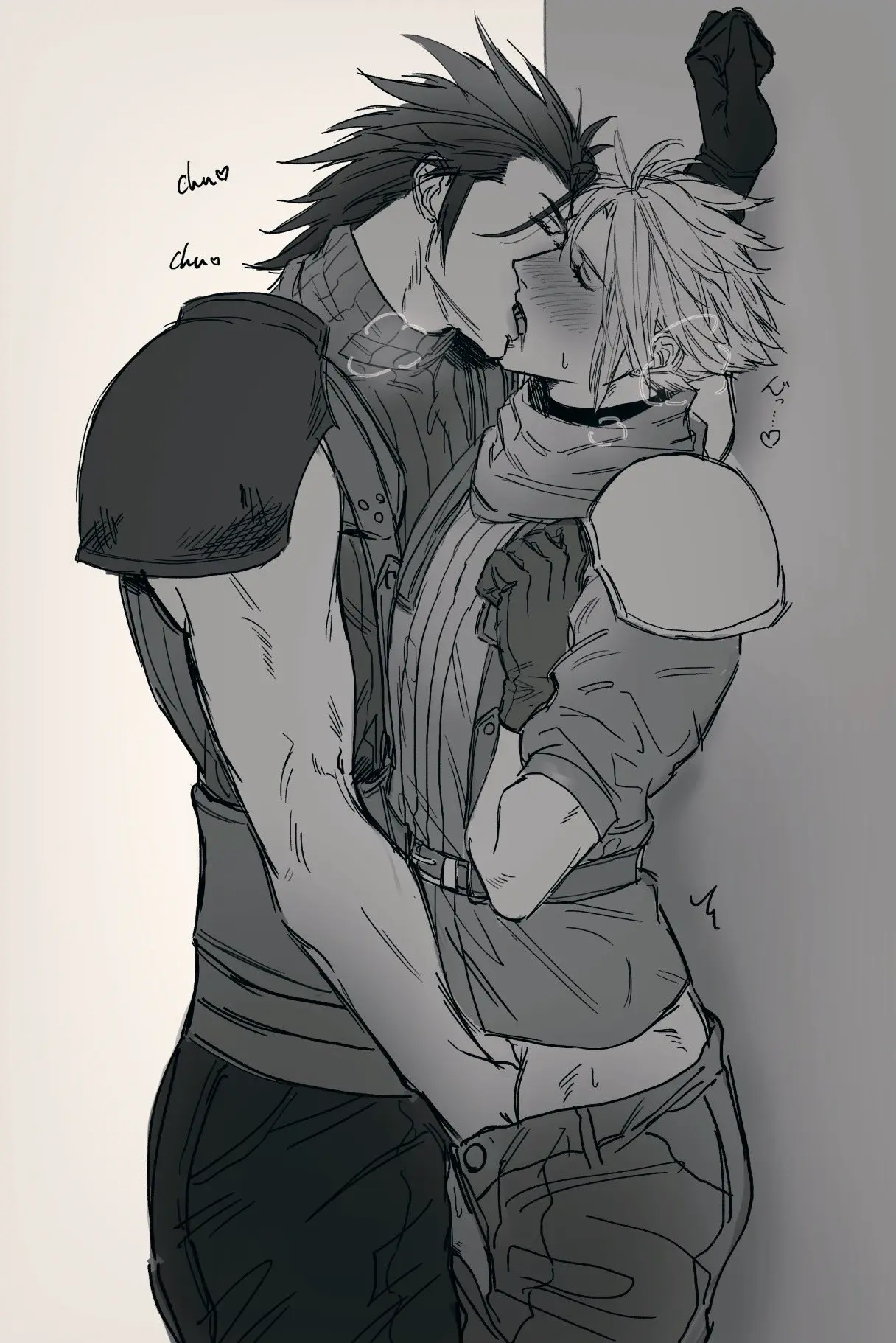Image blush,clothed,gloves,male,muscular,muscular_male,male/male,male_only,yaoi,pants_down,tagme,artist_request,closed_eyes,gay,monochrome,handjob,final_fantasy,final_fantasy_vii,kissing,scarf,cloud_strife,french_kiss,square_enix,steamy_breath,no_visible_genitalia,bishonen,against_wall,spiky_hair,tongue_kiss,pauldrons,zack_fair