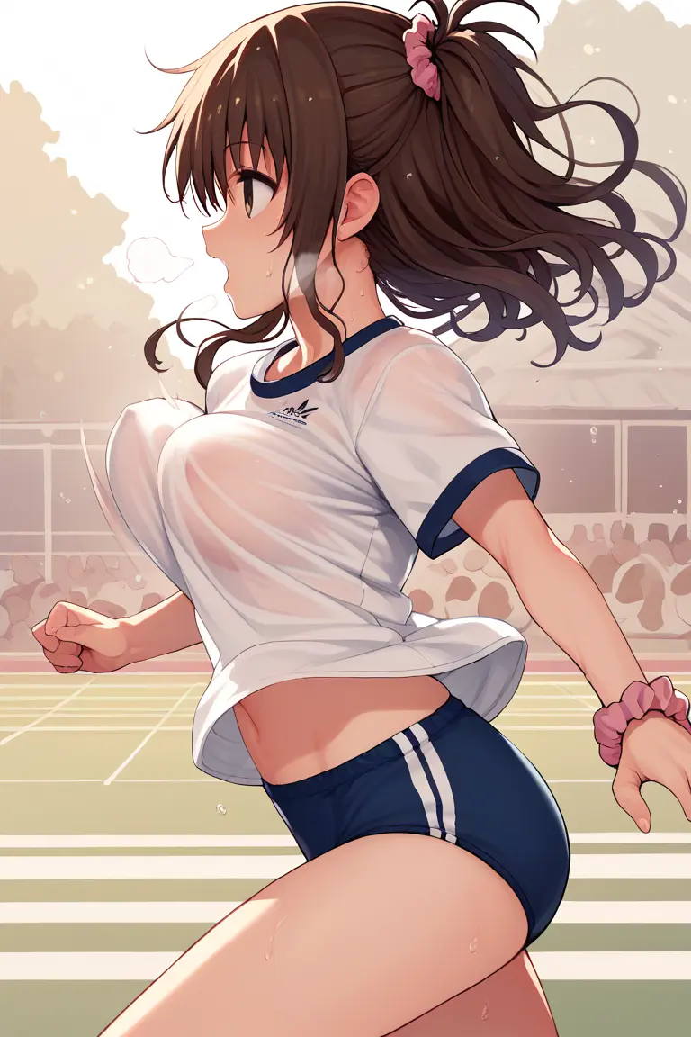 Image breasts,clothing,female,large_breasts,ai_generated,brown_hair,motion_lines,bouncing_breasts,running,gym_uniform,visible_nipples,braless,buruma,to_love-ru,yuuki_mikan,tharkica