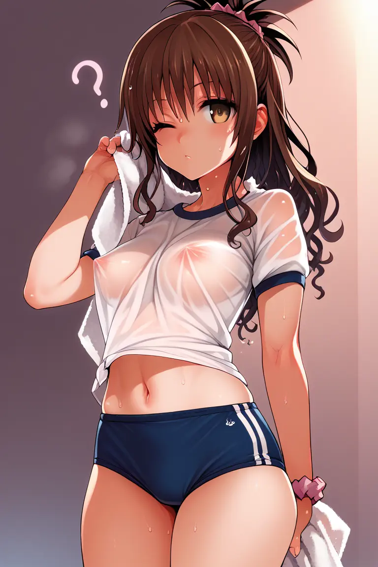 Image breasts,clothing,female,small_breasts,ai_generated,brown_hair,see-through,towel,erect_nipples,see-through_clothing,gym_uniform,erect_nipples_under_clothes,visible_nipples,to_love-ru,yuuki_mikan,tharkica