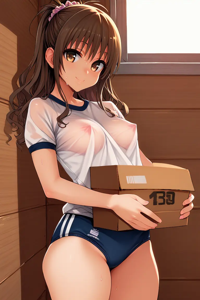 Image breasts,clothing,female,hair_ornament,smile,sweat,small_breasts,ai_generated,brown_hair,see-through,5_fingers,wet_body,erect_nipples,see-through_clothing,gym_uniform,gym_clothing,erect_nipples_under_clothes,gym_clothes,visible_nipples,gym_shorts,gym_shirt,gym_storeroom,to_love-ru,yuuki_mikan,tharkica