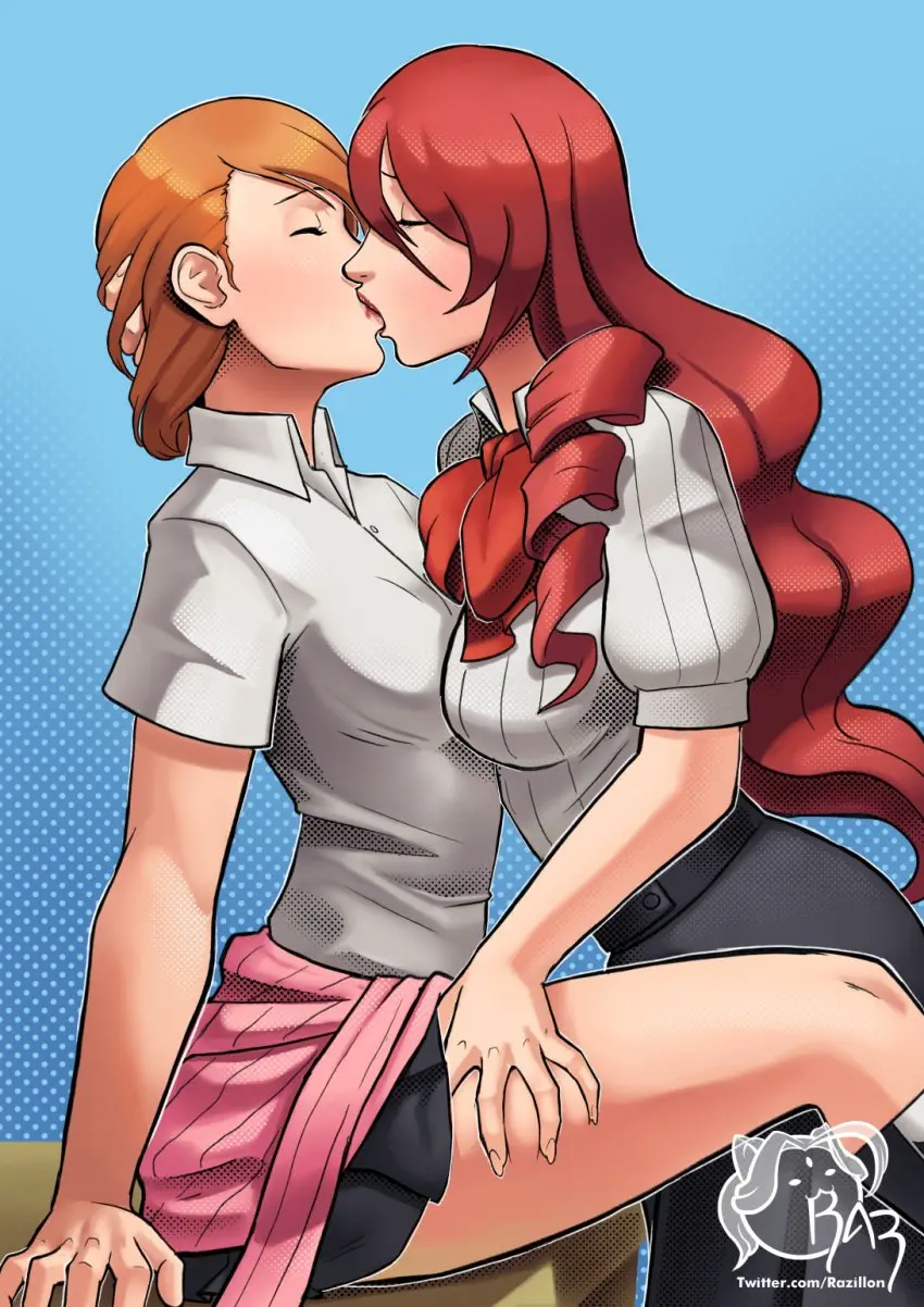 Image female,female_only,hi_res,2girls,multiple_girls,red_hair,thighs,digital_media_(artwork),orange_hair,school_uniform,skirt,yuri,2024,female/female,kissing,persona,signature,french_kiss,head_grab,hand_on_thigh,holding_head,twitter_username,persona_3,lesbian_kiss,lesbians,making_out,yukari_takeba,mitsuru_kirijo,lipstick_smear,smeared_lipstick,razillon,smeared_makeup,thigh_squeeze