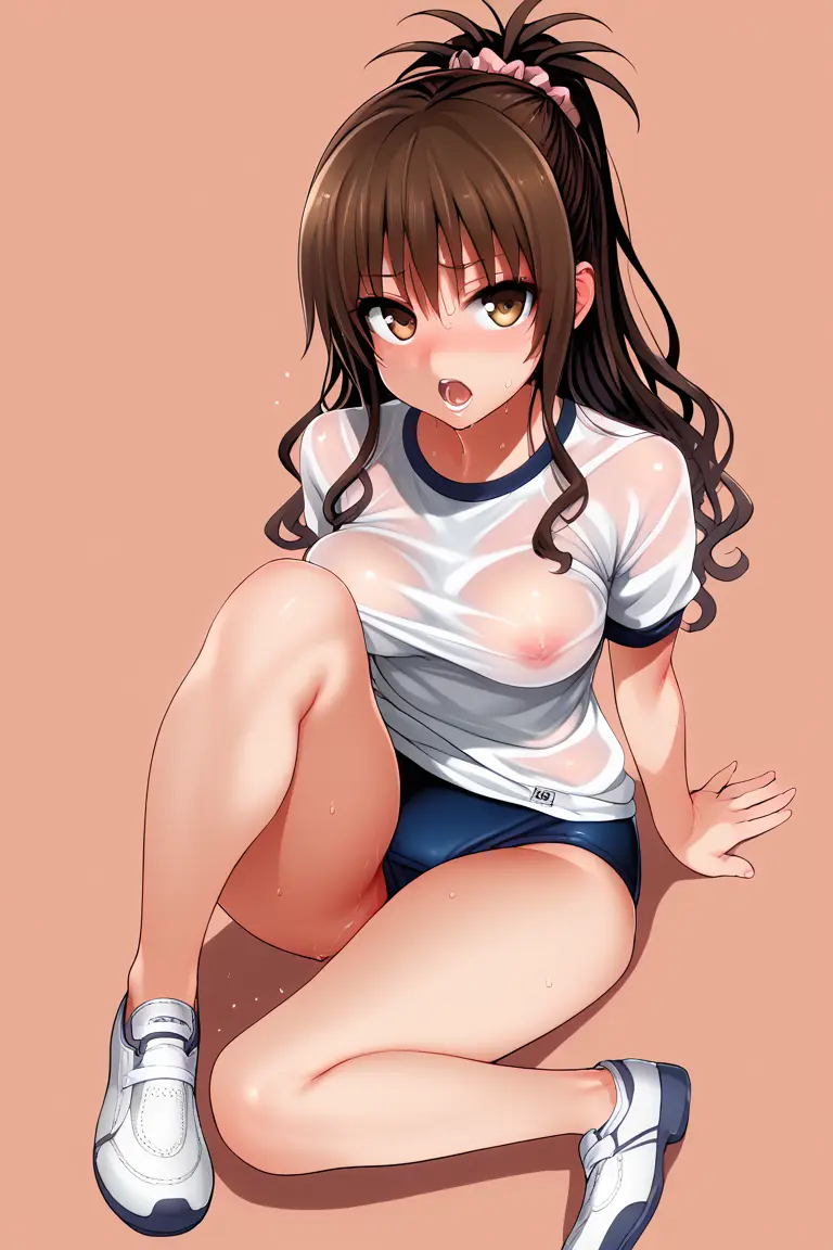 Image breasts,clothing,female,sweat,ai_generated,medium_breasts,brown_hair,see-through,see-through_clothing,gym_uniform,horny,visible_nipples,to_love-ru,yuuki_mikan,tharkica
