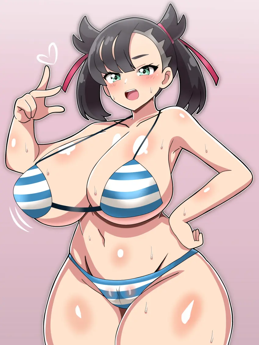 Image 1girls,big_breasts,blush,breasts,female,female_only,large_breasts,smile,solo,black_hair,pokemon,sweat,bikini,wide_hips,hips,cleavage,solo_female,hair,huge_breasts,green_eyes,sweatdrop,hand_on_hip,twintails,alternate_breast_size,bikini_top,heart,bikini_bottom,swimwear,topwear,bottomwear,game_freak,pokemon_ss,marnie_(pokemon),striped_bikini,snowpowder198