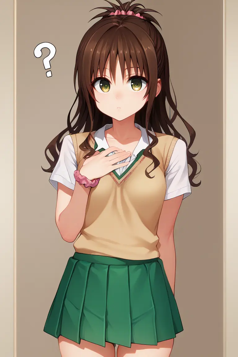 Image breasts,clothing,female,small_breasts,ai_generated,school_uniform,brown_hair,skirt,to_love-ru,yuuki_mikan,tharkica