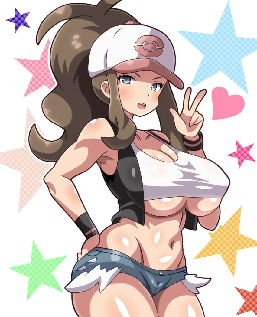 Image 1girls,big_breasts,breasts,female,female_only,large_breasts,solo,blue_eyes,pokemon,hat,huge_ass,thighs,ponytail,headwear,solo_female,huge_breasts,brown_hair,hand_on_hip,heart,shorts,stars,tank_top,topwear,hilda_(pokemon),bottomwear,blue_shorts,booty_shorts,game_freak,peace_sign,short_shorts,pokemon_bw,baseball_cap,white_tank_top,snowpowder198