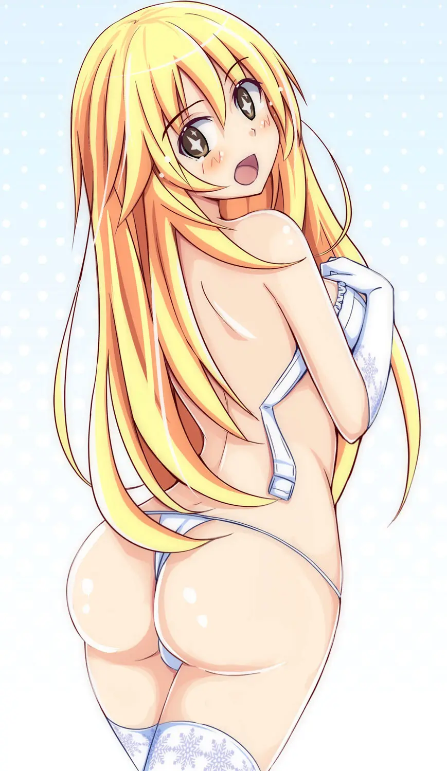 Image 1girls,blush,breasts,female,gloves,yellow_eyes,bra,ass,embarrassed,blonde_hair,stockings,teenager,teenage_girl,back,young,thong,blonde_female,younger_female,undressing,shokuhou_misaki,slim_girl,to_aru_majutsu_no_index,to_aru_kagaku_no_railgun,bra_removed