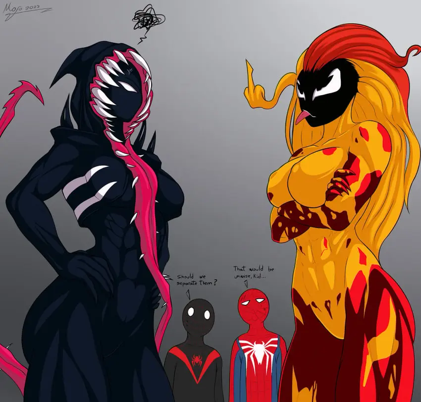 Image big_breasts,breasts,female,2girls,male,multiple_girls,navel,tongue_out,female_focus,athletic,muscular,2boys,belly_button,text,medium_breasts,multiple_boys,fit,fit_female,dialogue,looking_at_another,jacket,angry,tentacle_hair,abs,muscular_female,middle_finger,marvel,marvel_comics,superheroine,mask,muscular_arms,muscular_legs,muscular_thighs,peter_parker,spider-man_(series),six_pack,masked_female,superhero_costume,masked_male,superhero,masked,mary_jane_watson,spider-man_(ps4),spider-man_(insomniac),gwen_stacy,spider-gwen,gwen_stacy_(spider-verse),spider-man:_across_the_spider-verse,spider-man:_into_the_spider-verse,symbiote,venom,venom_(marvel),miles_morales,living_clothes,gwenom,tacticoolmofo,scream_(spider-man)