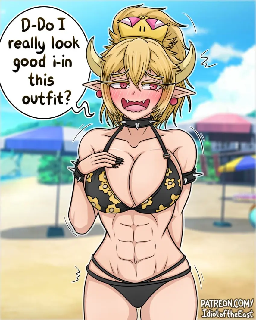 Image 1girls,big_breasts,breasts,female,red_eyes,bikini,muscular,embarrassed,horns,blonde_hair,mario_(series),abs,embarrassed_female,muscular_female,crown,six_pack,new_super_mario_bros._u_deluxe,bowsette,idiotoftheeast
