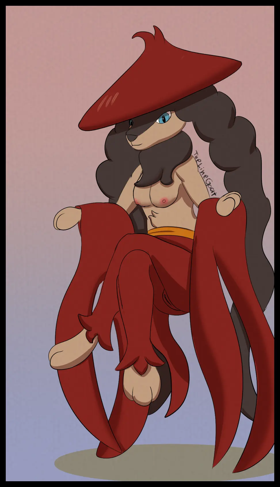 Image breasts,clothed,clothing,female,hi_res,looking_at_viewer,nipples,simple_background,smile,solo,pussy,ass,hat,headwear,digital_media_(artwork),headgear,anthro,canid,canine,canis,domestic_dog,fur,genitals,mammal,pal_(species),palworld,pocketpair,floating,the_line_goat