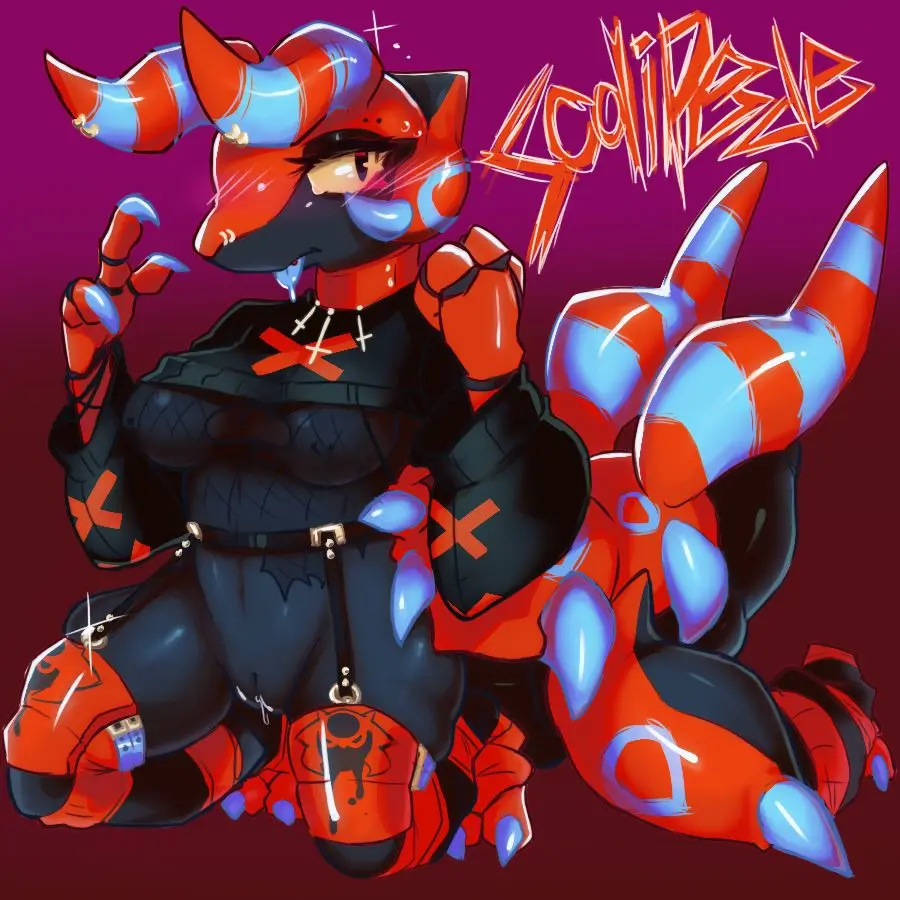 Image breasts, clothing, female, solo, pokemon, pokemon_(species), pussy, shiny_pokemon, yellow_eyes, anthro, nintendo, genital_fluids, bodily_fluids, genitals, arthropod, generation_5_pokemon, markings, red_body, vaginal_fluids, black_clothing, blue_markings, taur, scolipede, centipede, myriapod, frontal_taur_genitals, frontal_taur_pussy, r3dz33