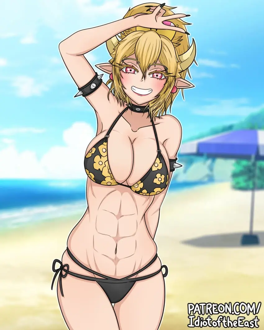 Image 1girls,female,red_eyes,solo,bikini,beach,horns,blonde_hair,mario_(series),black_bikini,crown,six_pack,new_super_mario_bros._u_deluxe,bowsette,idiotoftheeast