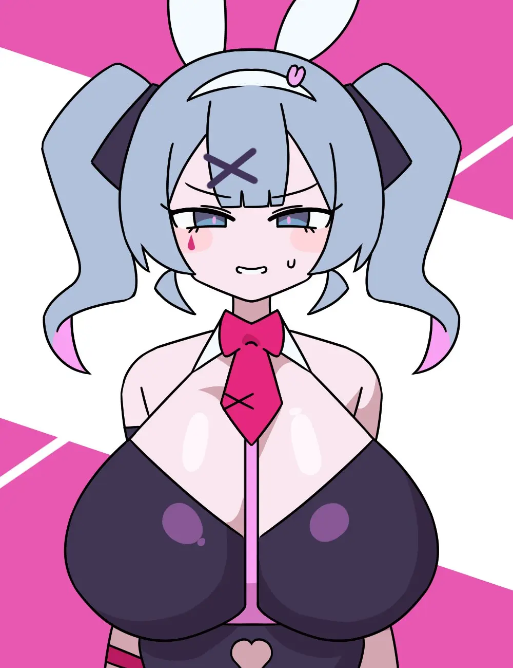 Image 1girls,breasts,female,female_only,hair_ornament,large_breasts,looking_at_viewer,smile,solo,blue_eyes,blue_hair,sweat,gradient_hair,bare_shoulders,cleavage,solo_female,pink_hair,navel_cutout,accurate_art_style,rabbit_ears,smug,twintails,heart,playboy_bunny,hatsune_miku,vocaloid,fake_animal_ears,white_hairband,facial_mark,bowtie,pink_background,x_hair_ornament,heart_cutout,teardrop_facial_mark,mv_character,breasts_focus,rabbit_hole_(vocaloid),pink_bowtie,ascot,heart_hair_ornament,pink_ascot,ganbari_mascarpone
