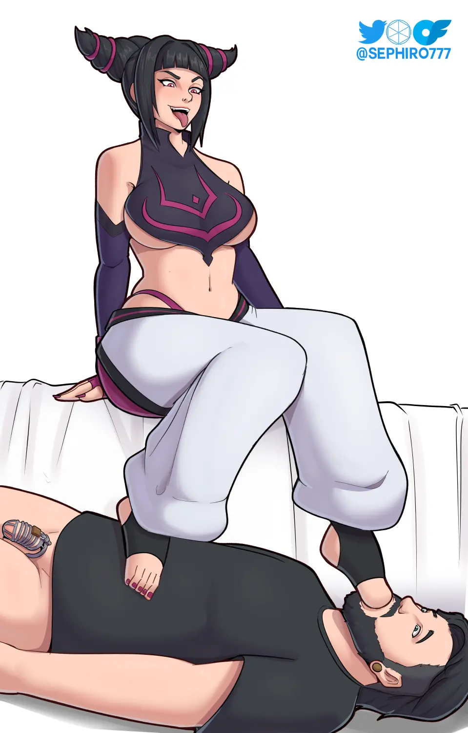 Image 1girls,female,1boy,male,feet,foot_fetish,chastity_cage,dominant_female,femdom,malesub,street_fighter,female_domination,sephiroth-777,juri_han,purple_toenails