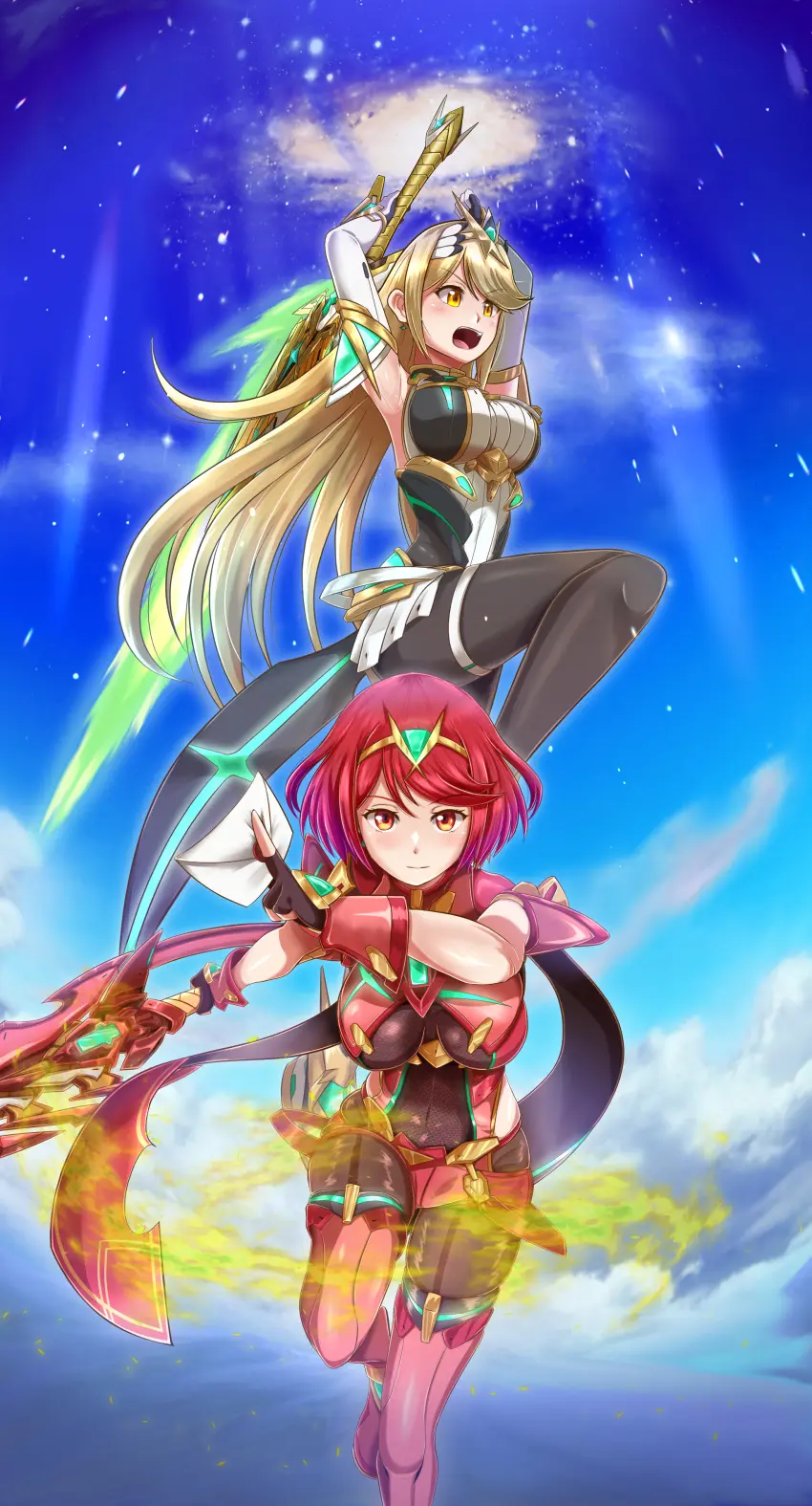 Image big_breasts,breasts,female,long_hair,looking_at_viewer,open_mouth,red_eyes,very_long_hair,2girls,gloves,multiple_girls,short_hair,yellow_eyes,red_hair,earrings,sky,bare_shoulders,jewelry,blonde_hair,dress,stockings,absurd_res,cloud,nintendo,skindentation,white_dress,impossible_clothes,white_gloves,covered_navel,shorts,core_crystal,pyra,xenoblade_(series),xenoblade_chronicles_2,fingerless_gloves,swept_bangs,weapon,pantyhose,tiara,black_thighhighs,high_res,mythra,short_shorts,backless_outfit,microdress,drop_earrings,red_shorts,super_smash_bros._ultimate,seamed_legwear,mythra_(massive_melee),aegis_sword_(xenoblade),front-seamed_legwear,pantyhose_under_shorts,samu_poteto,smash_invitation,thighhighs_over_pantyhose