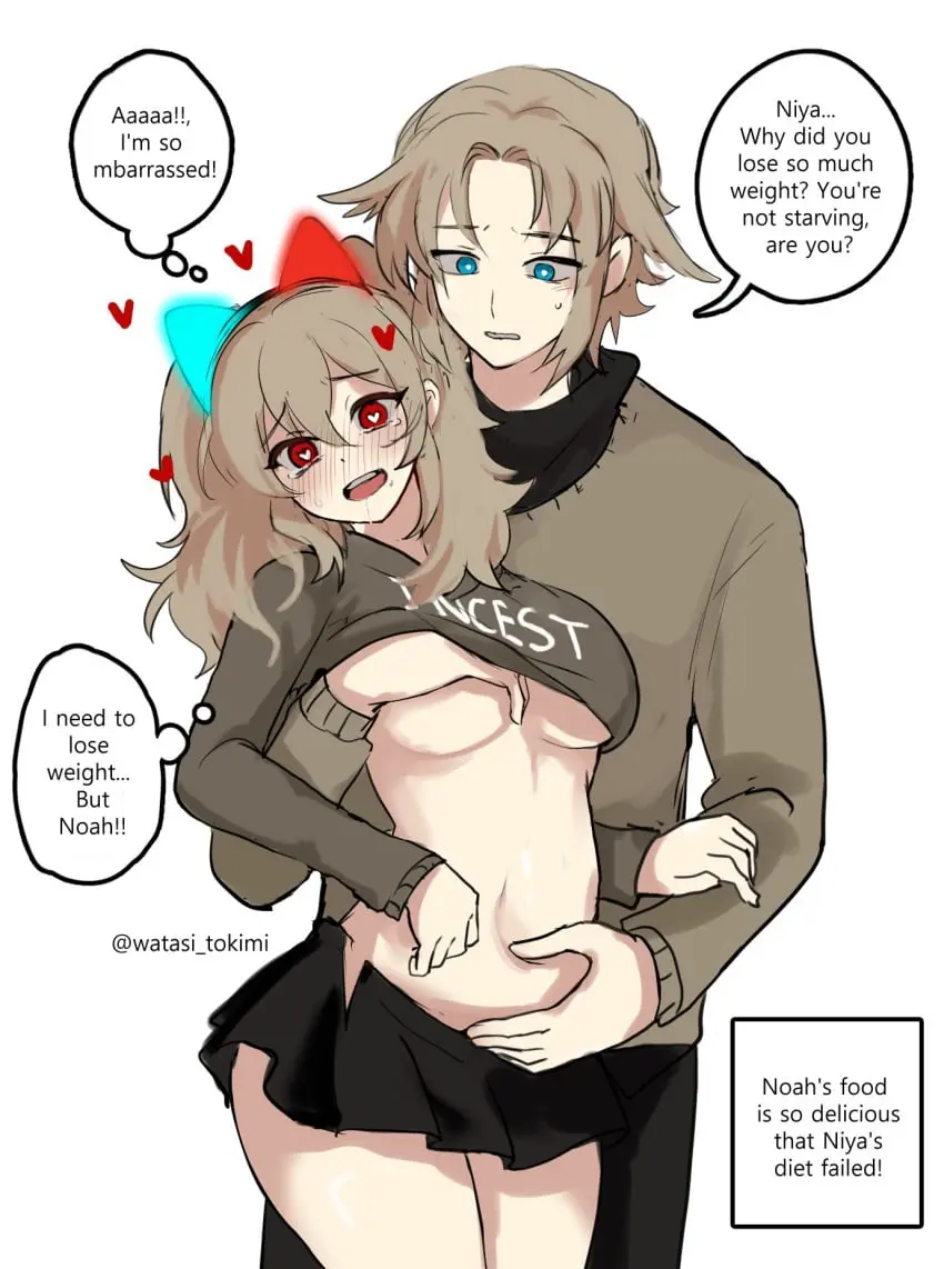 Image 1girls,blush,breasts,clothing,female,red_eyes,1boy,blue_eyes,heart-shaped_pupils,male,underboob,size_difference,original,incest,shirt_lift,breast_grab,heart,tears,skirt_lift,brother_and_sister,watasi_tokimi,niya_(watasi_tokimi),noah_(watasi_tokimi)