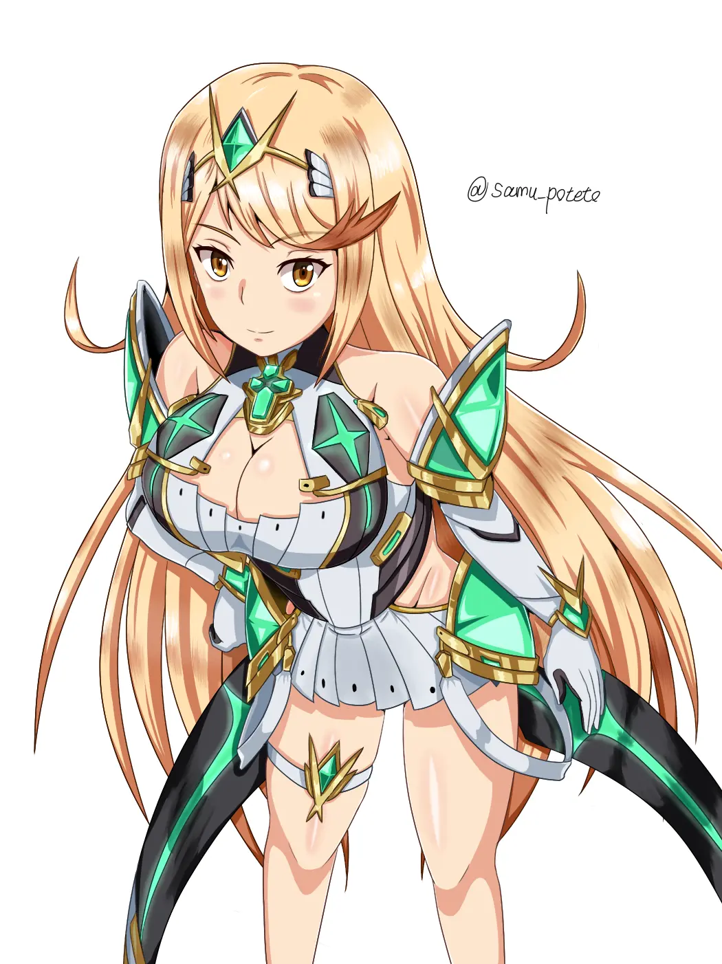 Image 1girls,big_breasts,blush,breasts,female,long_hair,looking_at_viewer,smile,white_background,gloves,yellow_eyes,cleavage,blonde_hair,dress,nintendo,core_crystal,xenoblade_(series),xenoblade_chronicles_2,armor,high_res,mythra,samu_poteto