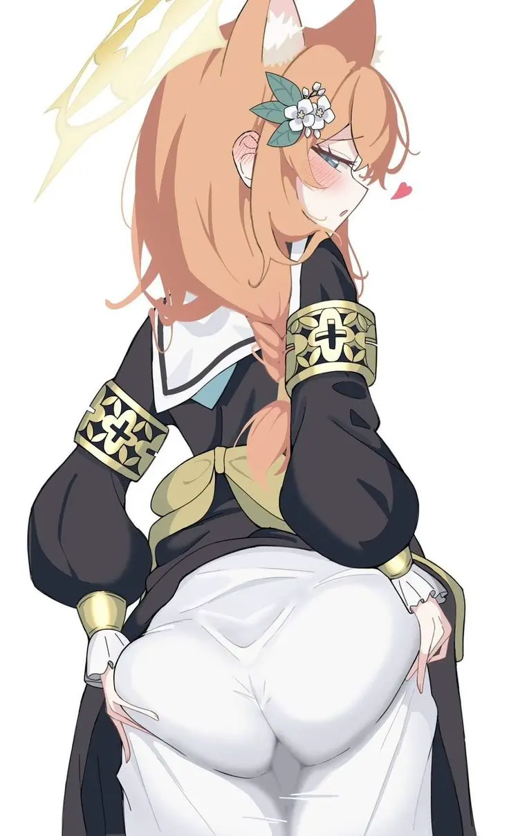 Image blush,looking_at_viewer,blue_eyes,flower,ginger_hair,dat_ass,mari_(blue_archive)