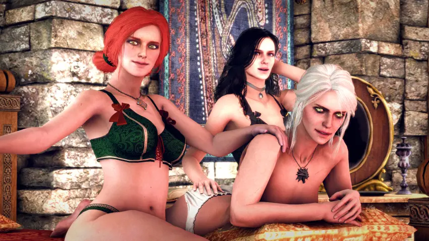 Image female,light-skinned_female,looking_at_viewer,white_hair,black_hair,multiple_girls,red_hair,panties,underwear,green_eyes,purple_eyes,3d,ass_grab,3girls,scar,ciri,the_witcher_(series),the_witcher_3:_wild_hunt,yennefer,witcher_medallion,triss_merigold,flightkiss