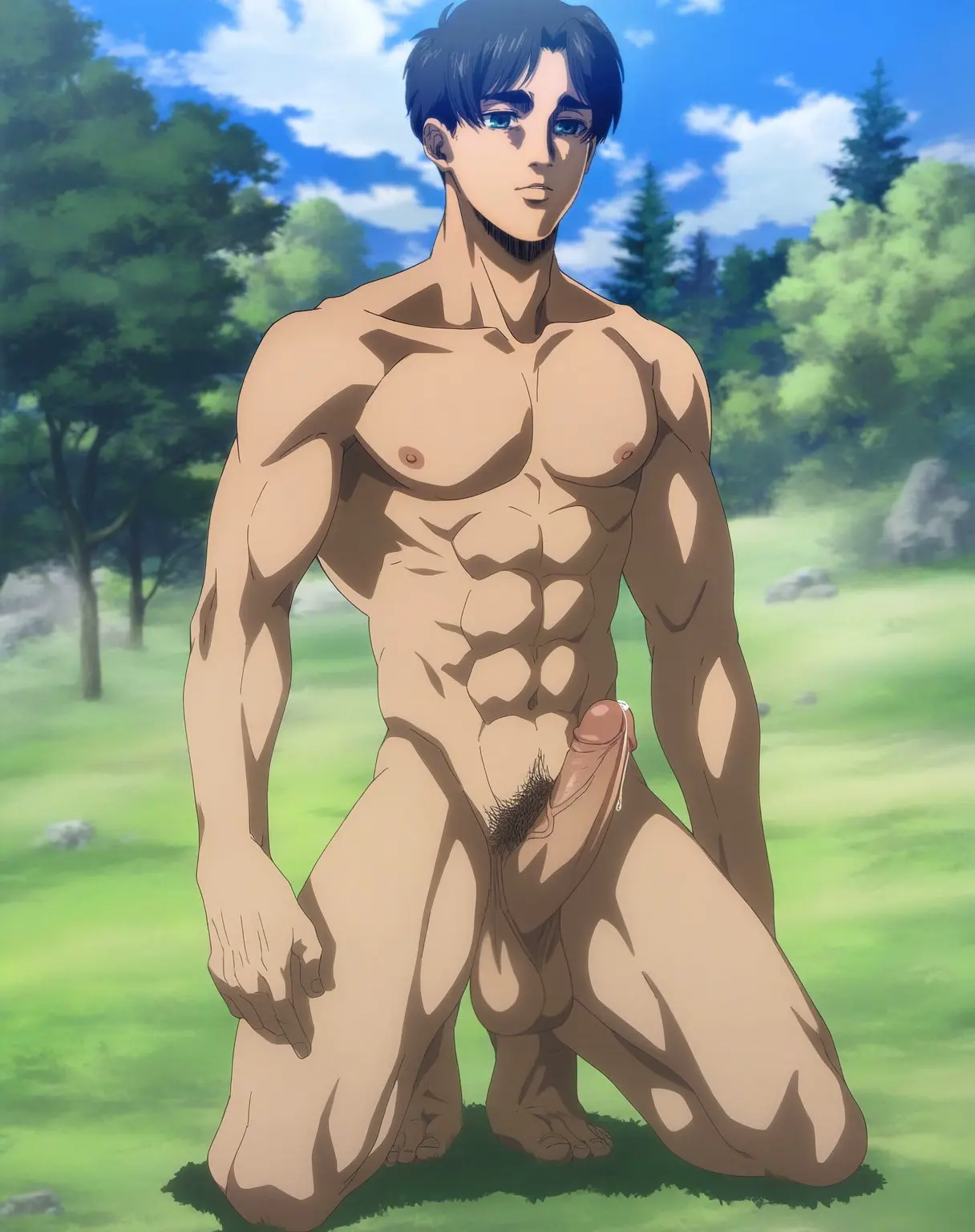 Image looking_at_viewer,nipples,solo,1boy,black_hair,cum,male,nude,penis,muscular,muscular_male,sky,ai_generated,male_only,nude_male,completely_nude,green_eyes,cock,dick,completely_nude_male,masturbation,public,from_below,outside,cumshot,solo_male,abs,hand_on_penis,public_nudity,attack_on_titan,eren_jaeger,shingeki_no_kyojin,gilxxgamesh