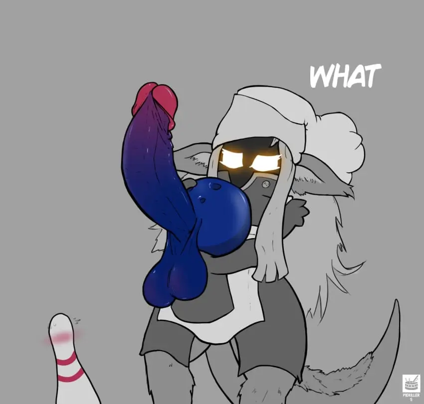 Image blush,clothed,clothing,female,hi_res,simple_background,standing,penis,tail,hat,headwear,artist_name,digital_media_(artwork),eyelashes,headgear,white_clothing,balls,text,what,glowing_eyes,2022,fur,genitals,dialogue,apron,glistening,glistening_genitalia,grey_background,artist_logo,logo,glans,tuft,meme,blue_penis,glowing,chef_hat,animate_inanimate,growth,pink_glans,penis_growth,glistening_penis,inner_ear_fluff,white_apron,unknown_species,blue_balls,white_text,genital_growth,black_face,fuckable_pin,piekiller,piekiller5,horny_blue_bowlingball,pie_(piekiller),wyer_bowling_(meme)