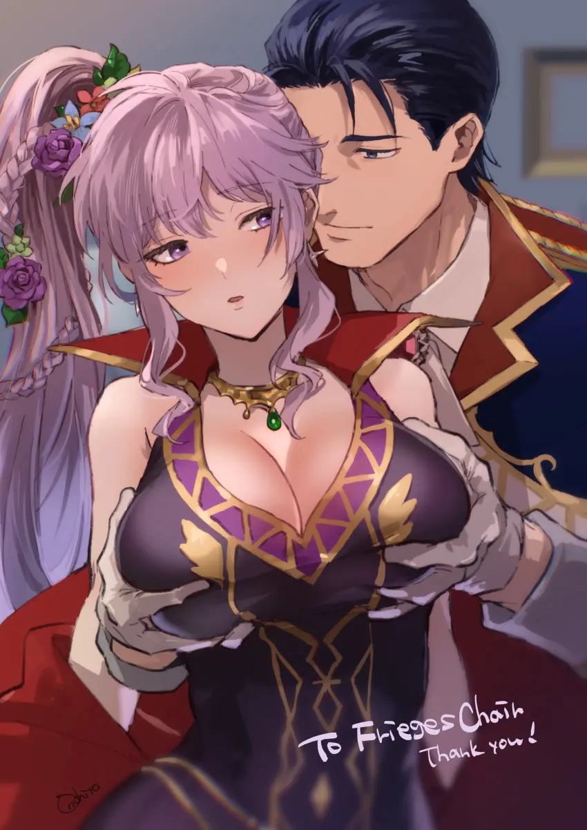 Image 1girls,blush,breasts,female,hair_ornament,highres,large_breasts,1boy,absurdres,gloves,male,straight,female_focus,watermark,cleavage,collarbone,jewelry,solo_focus,couple,purple_eyes,necklace,purple_hair,nintendo,grabbing,grabbing_another's_breast,official_alternate_costume,alternate_costume,flower,hair_flower,breast_grab,fire_emblem,fire_emblem_heroes,groping,double_breast_grab,commission,cosplay,non-web_source,fire_emblem:_genealogy_of_the_holy_war,ishtar_(fire_emblem),onohito,reinhardt_(fire_emblem)
