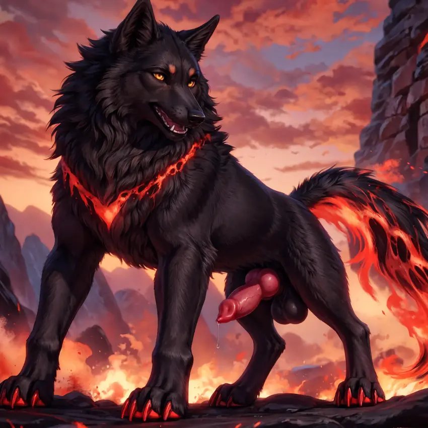Image hi_res,solo,male,penis,yellow_eyes,ai_generated,male_only,demon,absurd_res,genital_fluids,bodily_fluids,canid,canine,canis,fur,genitals,mammal,precum,wolf,claws,black_body,black_nose,animal_genitalia,animal_penis,canine_genitalia,canine_penis,knot,feral,fire,feral_only,black_fur,leaking_precum,mountains,red_claws,lava,flaming_tail,volcano,thunderwolf