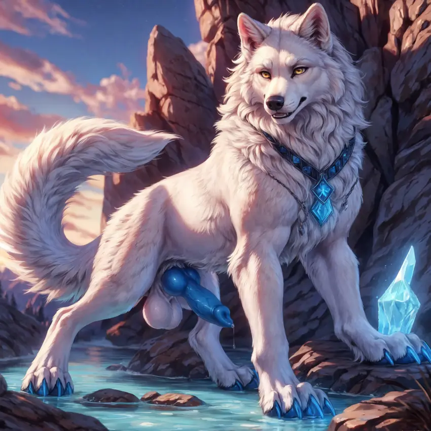 Image hi_res,solo,male,penis,yellow_eyes,ai_generated,male_only,jewelry,demon,absurd_res,necklace,genital_fluids,bodily_fluids,canid,canine,canis,fur,genitals,mammal,precum,wolf,claws,black_nose,white_body,animal_genitalia,animal_penis,canine_genitalia,canine_penis,knot,white_fur,feral,fire,feral_only,ice,leaking_precum,mountains,red_claws,crystal,thunderwolf