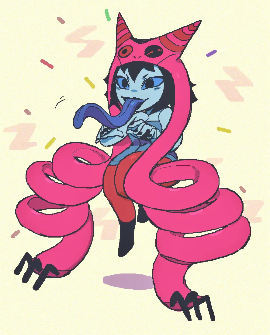 Image 1girls,female,red_pants,solo,black_hair,short_hair,hat,solo_female,black_eyes,blue_sclera,long_tongue,blue_skin,blue_tongue,beatumpop,hero:_108,mystique_sonia