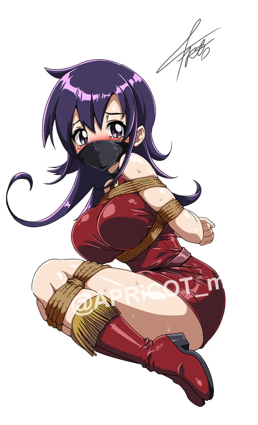 Image big_breasts,breasts,female,solo,watermark,solo_female,tagme,crying,purple_hair,artist_signature,bondage,crying_with_eyes_open,tied_up,tied_arms,gagged,duel_masters,kidnapped,cloth_gag,apricot_(artist),tasogare_mimi