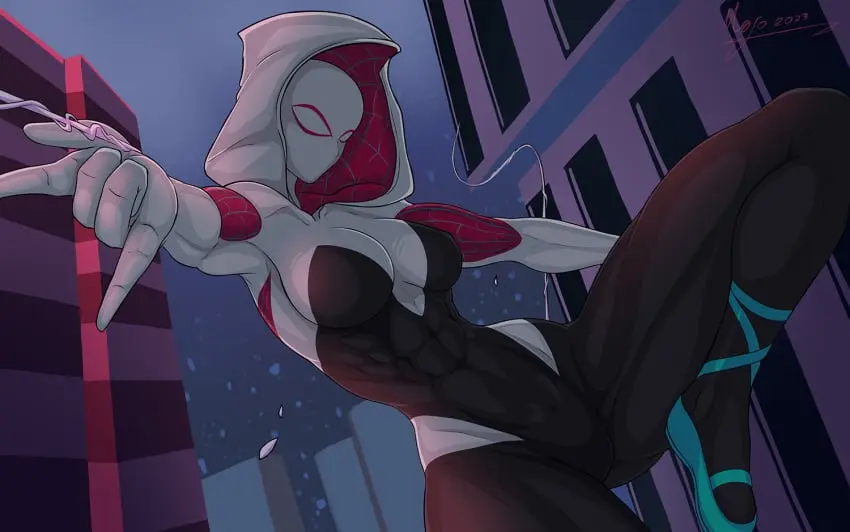 Image 1girls,breasts,female,navel,athletic,muscular,belly_button,medium_breasts,fit,fit_female,bodysuit,abs,hood,athletic_female,muscular_female,muscles,marvel,marvel_comics,superheroine,mask,muscular_arms,muscular_legs,muscular_thighs,spider-man_(series),six_pack,masked_female,superhero_costume,superhero,masked,gwen_stacy,spider-gwen,navel_visible_through_clothes,gwen_stacy_(spider-verse),spider-man:_across_the_spider-verse,spider-man:_into_the_spider-verse,spider_web,abs_visible_through_clothing,calf_muscles,tacticoolmofo