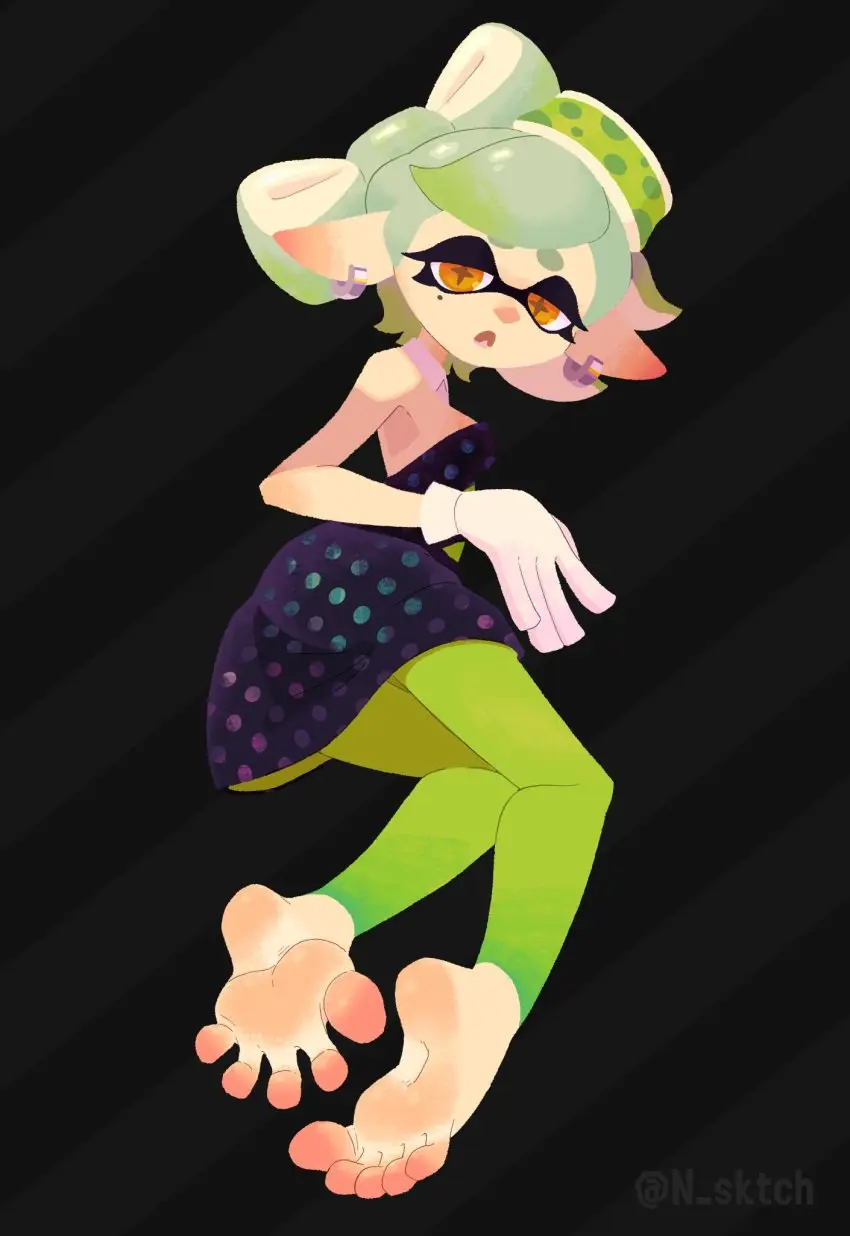Image 1girls,breasts,clothed,female,open_mouth,earrings,small_breasts,barefoot,headwear,feet,foot_fetish,dress,nintendo,legwear,splatoon,tentacle_hair,toes,toes_spread,foot_focus,marie_(splatoon),n_sktch