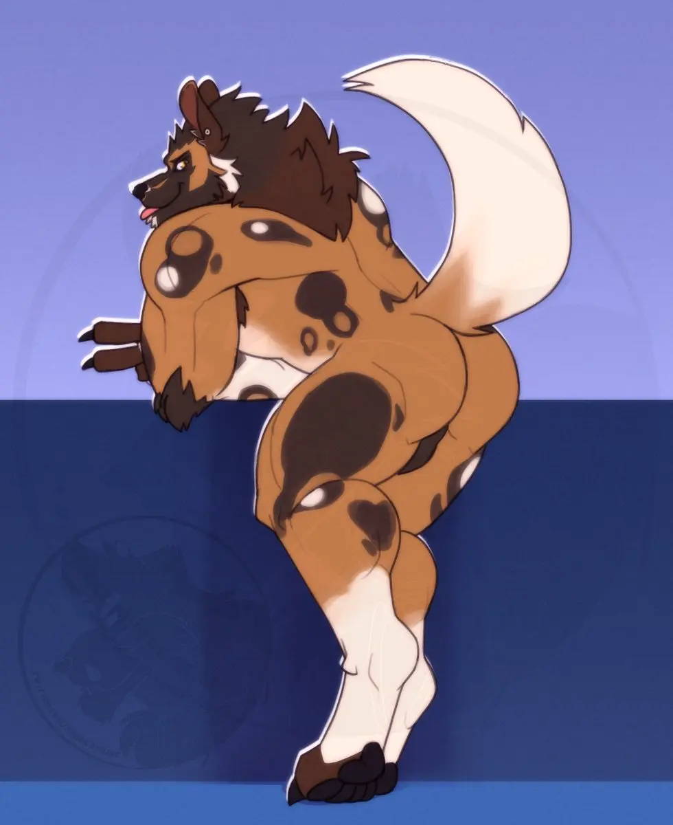Image hi_res,looking_at_viewer,solo,male,nude,tongue_out,tongue,ass,muscular,muscular_male,male_only,balls,anthro,piercing,canid,canine,genitals,mammal,muscular_anthro,ear_piercing,pawpads,blep,african_wild_dog,theokamijay