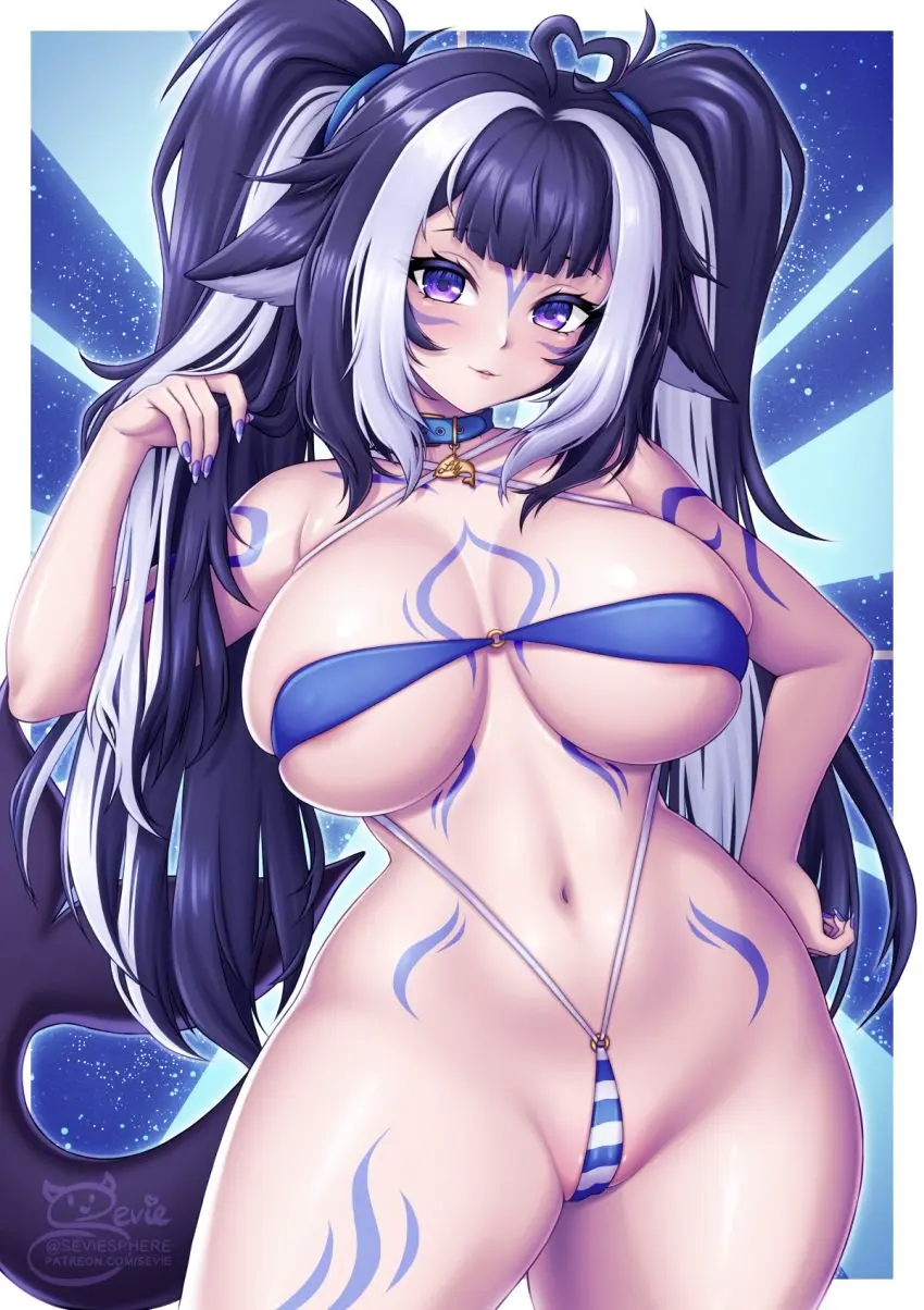Image 1girls,breasts,female,hi_res,large_breasts,light-skinned_female,light_skin,long_hair,blue_hair,bikini,thick_thighs,thighs,wide_hips,virtual_youtuber,hips,purple_eyes,indie_virtual_youtuber,naughty_face,sevie,body_markings,shylily,pussy_outline