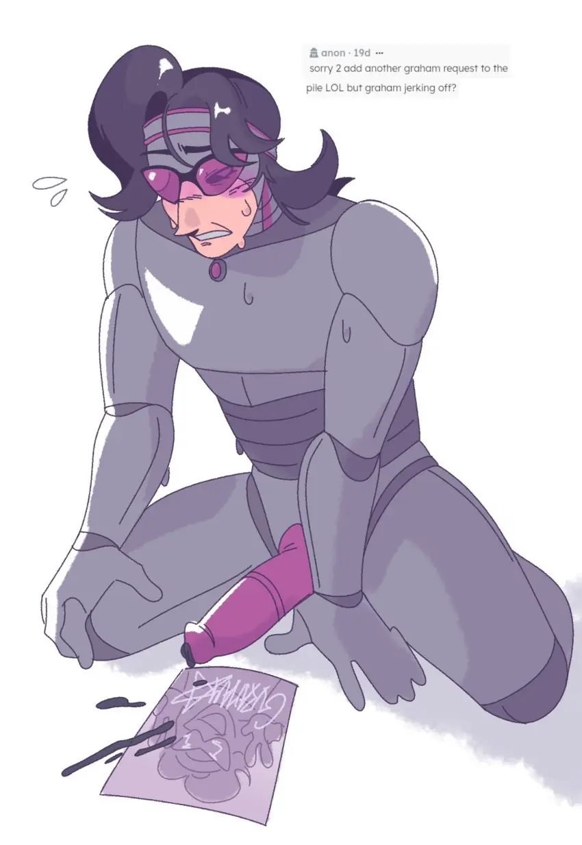 Image blush,solo,male,sweat,kneeling,color,cumshot,male_focus,solo_male,sunglasses,robot,limited_palette,masculine,after_masturbation,toontown_corporate_clash,toontown_online,tribute,black_cum,worklunchbox,graham_ness_payser