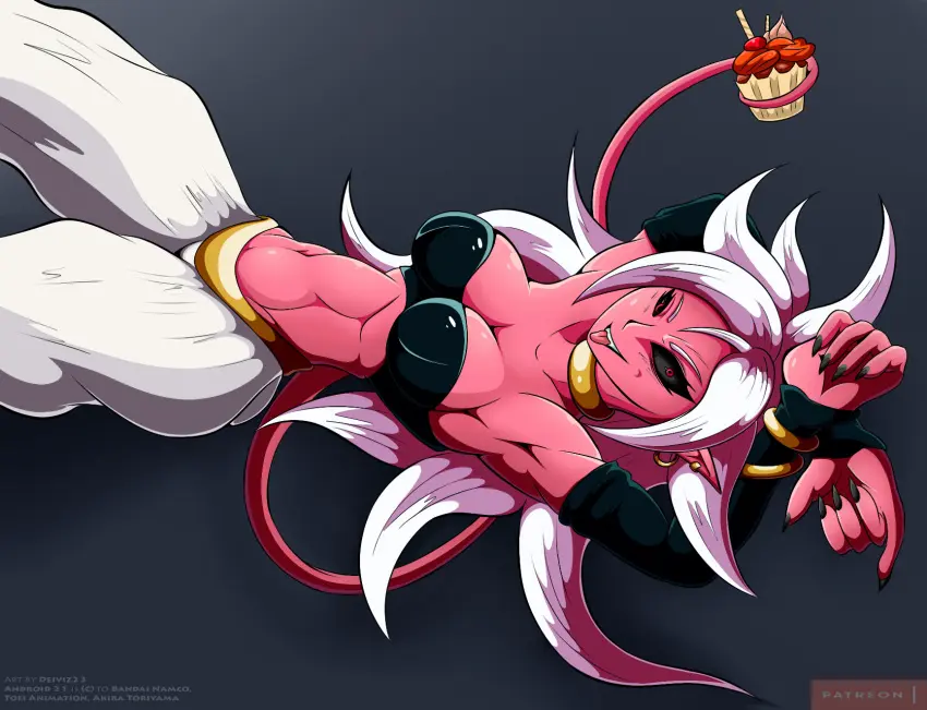 Image 1girls,breasts,female,looking_at_viewer,red_eyes,white_hair,navel,tail,tongue_out,tongue,athletic,muscular,belly_button,medium_breasts,pointy_ears,dragon_ball,dragon_ball_z,abs,athletic_female,muscular_female,pink_body,black_nails,android_21,dragon_ball_fighterz,pink_skin,black_sclera,majin_android_21,lying_on_back,spiked_hair,spiky_hair,harem_outfit,2018,10s,arabian_clothes,tacticoolmofo,deiviz,android_21_(evil)