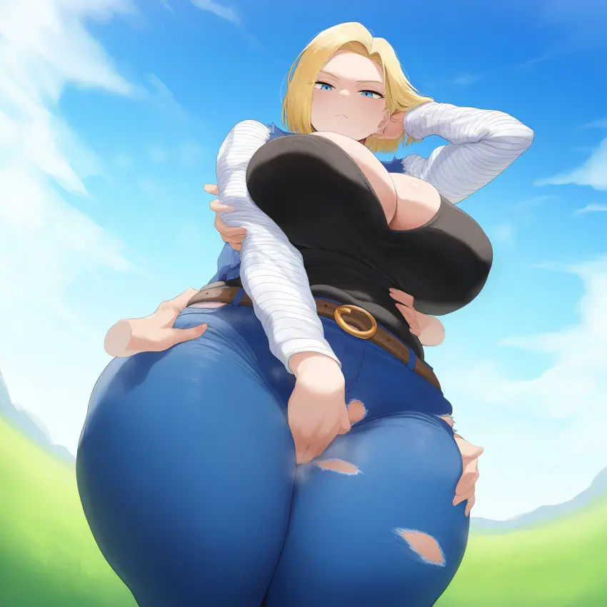 Image breasts, female, thick_thighs, wide_hips, ai_generated, huge_breasts, android_18, dragon_ball, dragon_ball_z, nai_diffusion, grabbing, ass_grab, groping, disembodied_hands, torn_clothes, hand_between_legs, jeans, novelai, grabbing_legs, grabbing_another's_leg