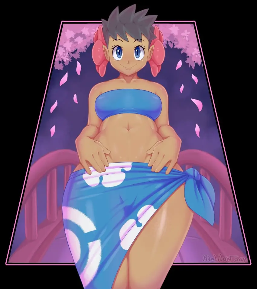 Image 1girls,breasts,female,female_only,hair_ornament,looking_at_viewer,smile,solo,black_hair,blue_eyes,pokemon,thighs,watermark,flower_in_hair,hips,artist_name,belly,belly_button,hair,2d,alternate_version_available,flower,topwear,bottomwear,pokemon_oras,game_freak,sarong,mehdrawings,tubetop,petals,bandeau,breasts_visible_through_clothing,phoebe_(pokemon),visible_through_clothes