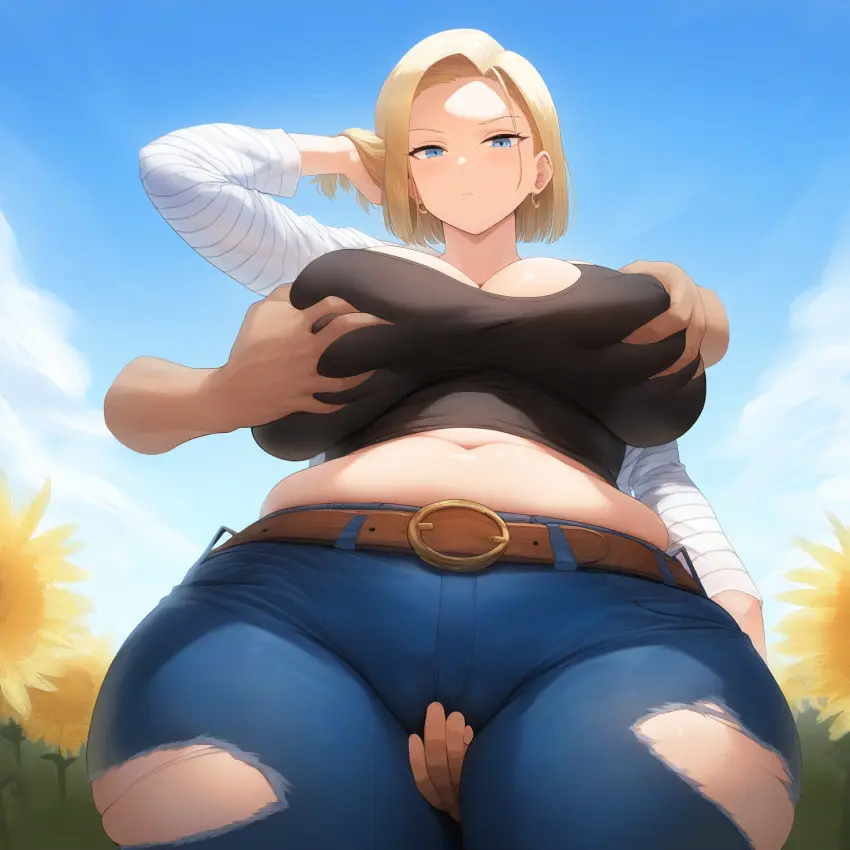 Image breasts,female,thick_thighs,wide_hips,ai_generated,cleavage,midriff,huge_breasts,android_18,dragon_ball,dragon_ball_z,nai_diffusion,grabbing,breast_grab,groping,disembodied_hands,torn_clothes,plump,rubbing_pussy,jeans,novelai