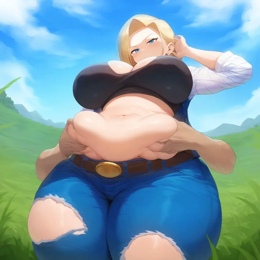 Image breasts,female,thick_thighs,wide_hips,ai_generated,cleavage,midriff,huge_breasts,android_18,dragon_ball,dragon_ball_z,nai_diffusion,grabbing,chubby,groping,disembodied_hands,torn_clothes,plump,jeans,novelai,grabbing_belly,belly_grab