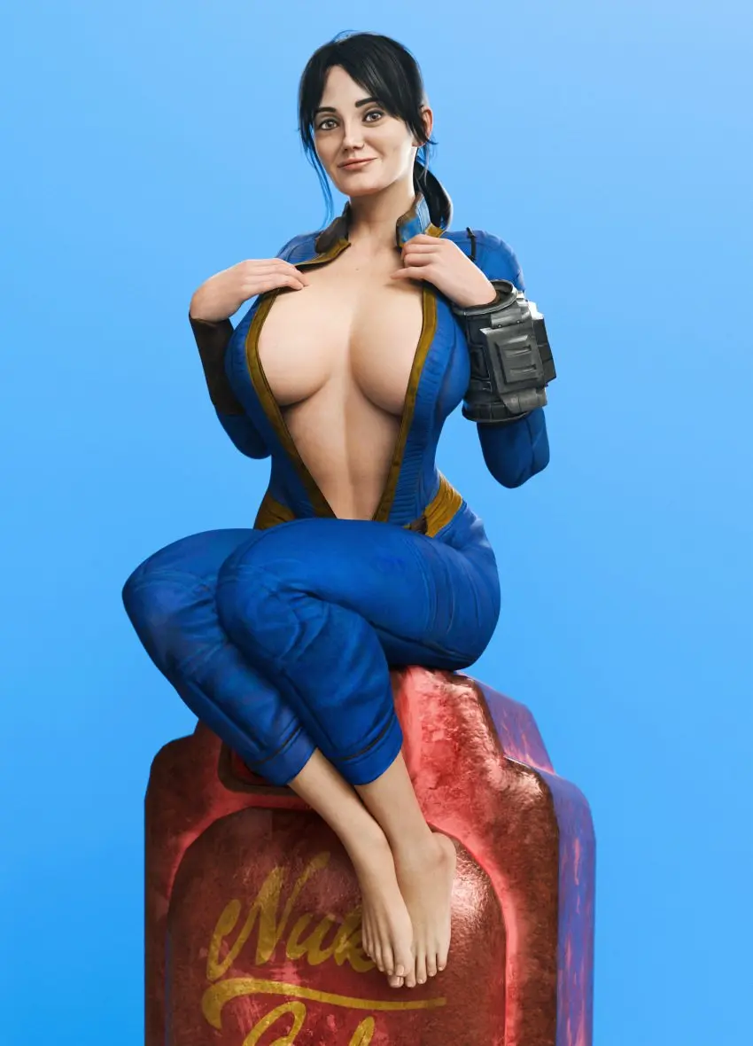 Image 1girls,breasts,clothing,female,female_only,human,large_breasts,looking_at_viewer,open_clothes,solo,black_hair,barefoot,cleavage,pale_skin,3d,high_resolution,computer,electronics,fallout,breast_implants,ella_purnell,fallout_(tv_series),lucy_maclean,very_high_resolution,wristwear,fake_breasts,pip-boy,bolt_on_tits,enhanced_breasts,silicone,silicone_implants,batesz