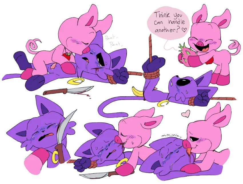 Image female,simple_background,white_background,penis,straight,sex,anthro,purple_fur,purple_skin,blood,tied_hands,tied_up,purple_body,furry_only,anthro_only,no_humans,pink_body,pink_skin,simple_shading,pink_fur,anthro_on_anthro,domestic_pig,fruit,critters_(poppy_playtime),poppy_playtime,poppy_playtime_(chapter_3),smiling_critters,catnap_(poppy_playtime),knife,cuts,knife_play,pig,bleeding,wounded,wound,pachi_rizuu,palatis,picky_piggy_(poppy_playtime),pickypiggy,banana_in_ass,banana_insertion,blood_play,fruit_insertion,licking_blood,licking_wound
